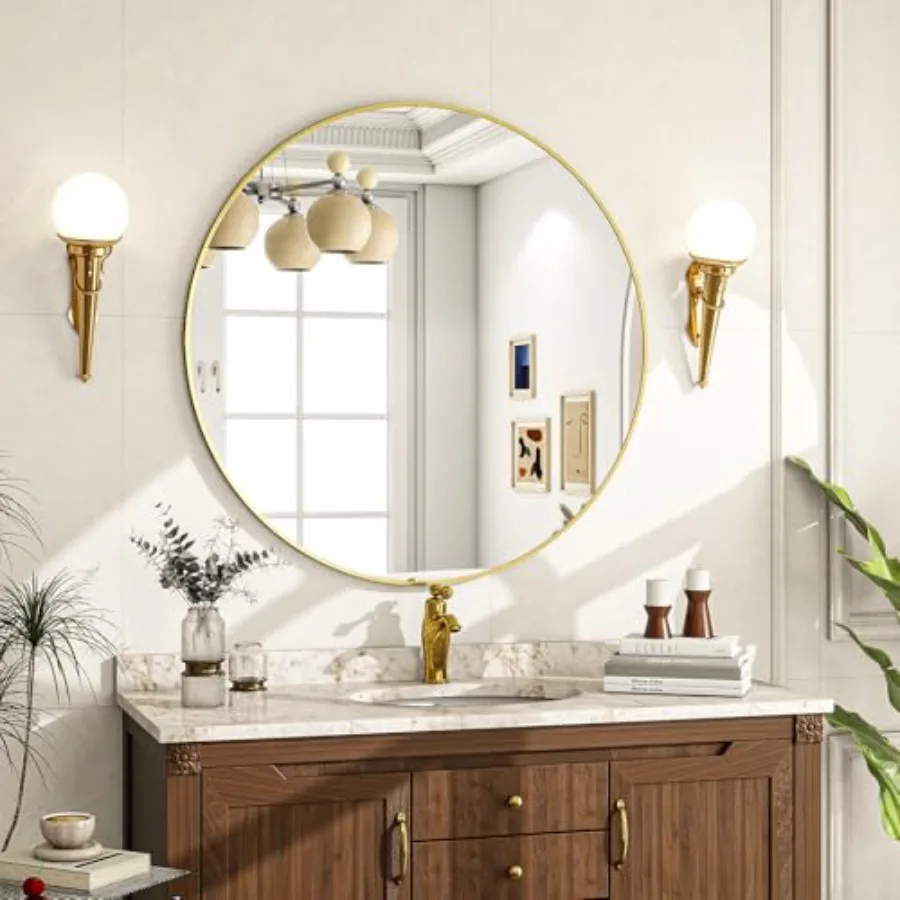 

Round Mirror Wall Mounted Mirror - 28" Circle Mirror Bathroom Vanity Mirror with Aluminum Frame for Bedroom Living Room Entrywa