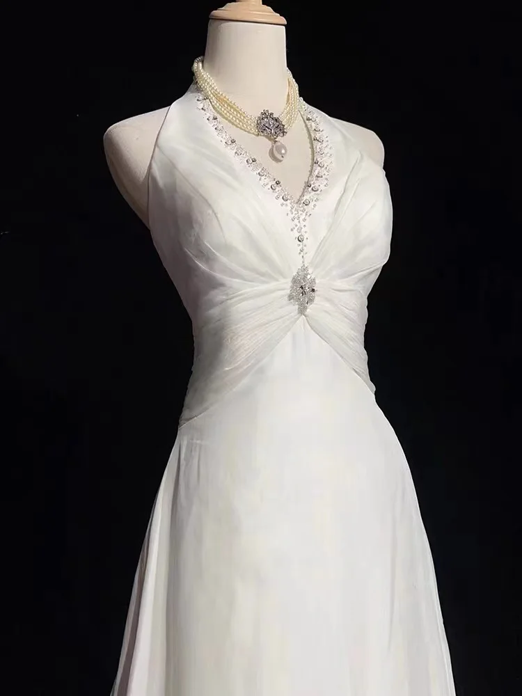 

French antique wedding dress goddess halter neck gauze dress summer simple high-end texture dressing gown outing gauze