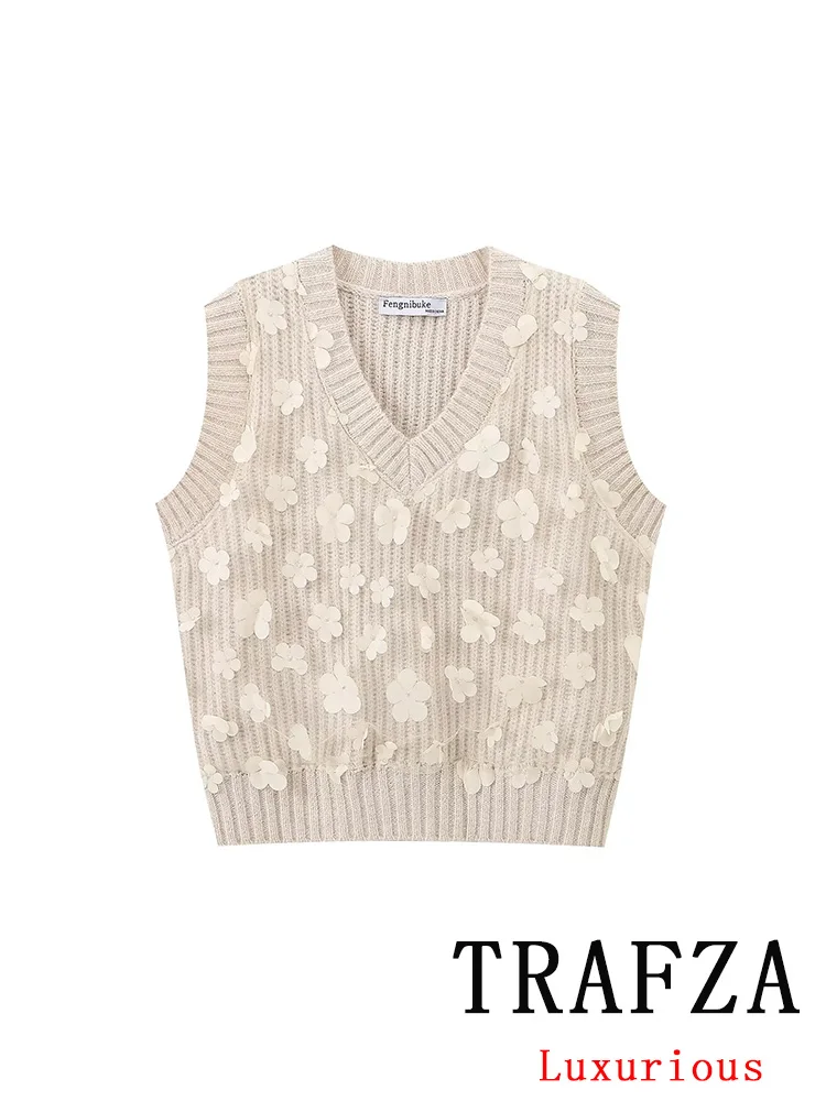 TRAFZA Vintage Casual Chic Women Sweater Solid O-Neck Flower Knitted Loose Sweater Fashion 2024 Autumn Holiday Female Sweater