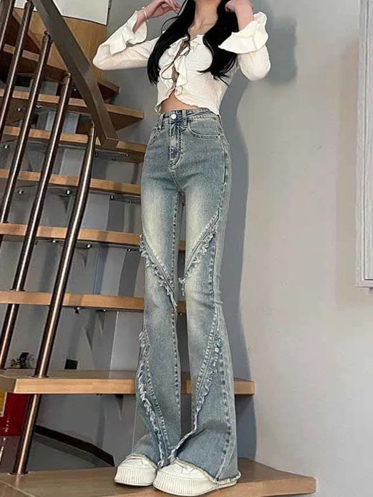 

American Style Vintage Blue Women Jeans Solid Color Summer Flare Pants New High Waist Full Length Fashion Female Jeans