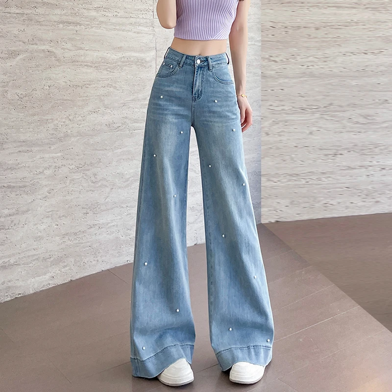 KSTUN 2025 été femmes jambe large jean taille haute femmes cloche bas jean pantalon évasé perles perles Stretch bleu clair jean