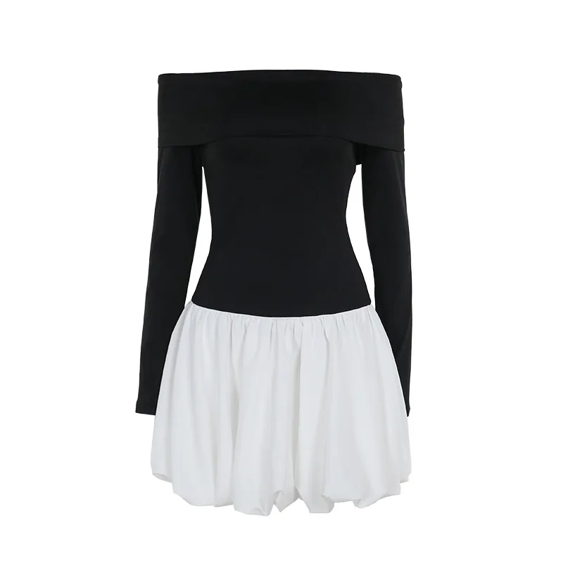 2025 new model, fresh wind casual one-word shoulder color matching long-sleeved A pendulum commuter dress women cw31300
