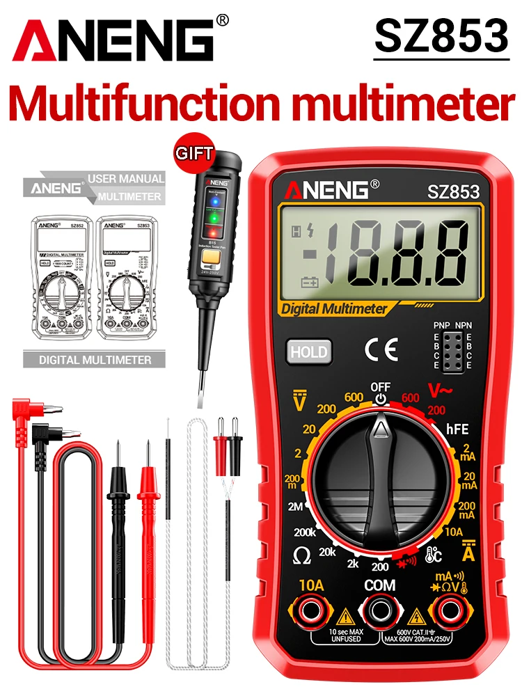 ANENG SZ853 Digitale Multimeter 6000 Counts AC DC Spanningsstroom Weerstandstester NCV Contactloze Spanning Gratis Cadeau B15 Testpen