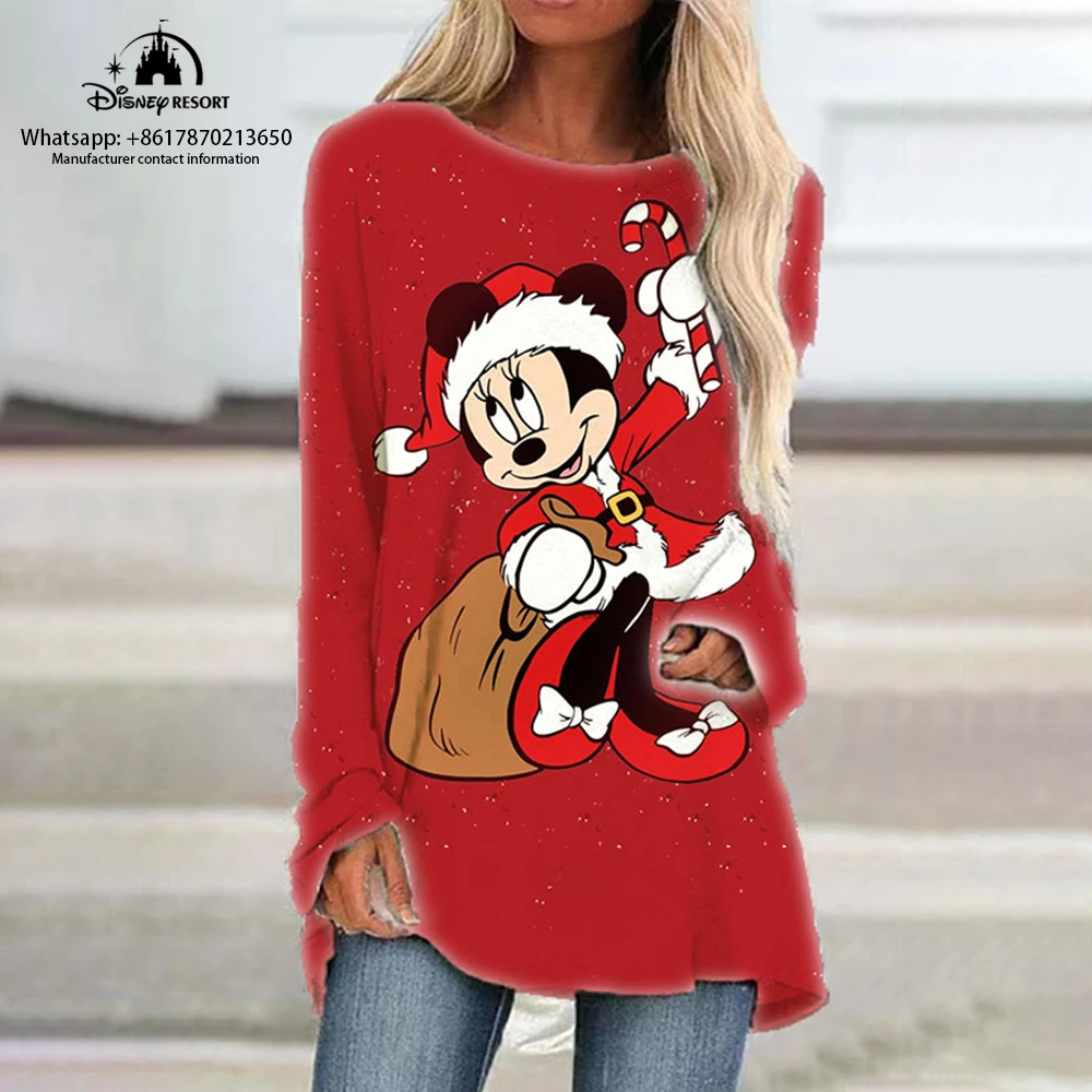 Autumn Christmas New Ladies Round Neck Loose Long Sleeve T-Shirt Disney Minnie Anime Fashion Casual Raglan Sleeve Dress