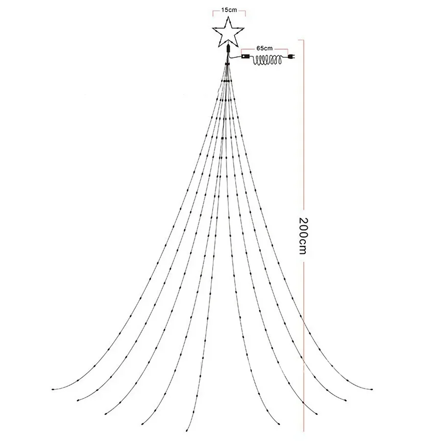 Cadena de luces de estrella de Navidad para exteriores, 9x2m, 190 LED, cascada de árbol con estrella de adorno, 8 modos para boda, decoración de fiesta de vacaciones