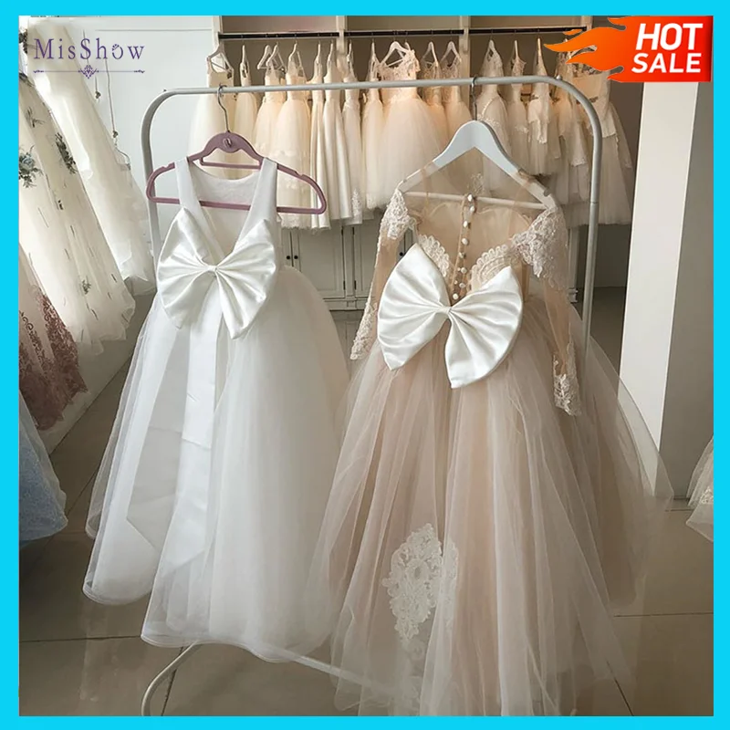 MisShow Lovely Lace Flower Girls Dresses Ball Gowns Kids First Communion Dress Princess Wedding Pageant Full Sleeves Dresses