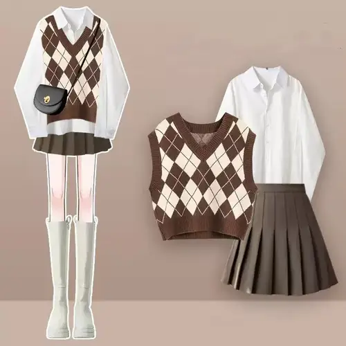 Autumn and Winter New Diamond Splicing Vest Knitted Vest White Shirt Pleated Skirt Three Piece Set Elegant Women's Skirt Set - Image 2