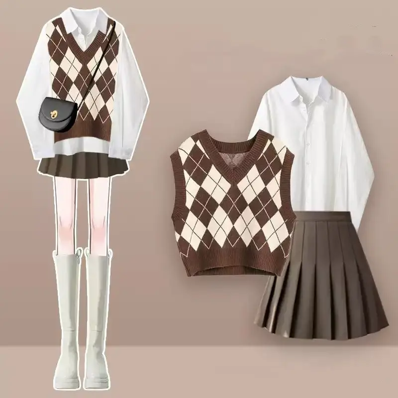 Autumn and Winter New Diamond Splicing Vest Knitted Vest White Shirt Pleated Skirt Three Piece Set Elegant Women's Skirt Set - Image 2