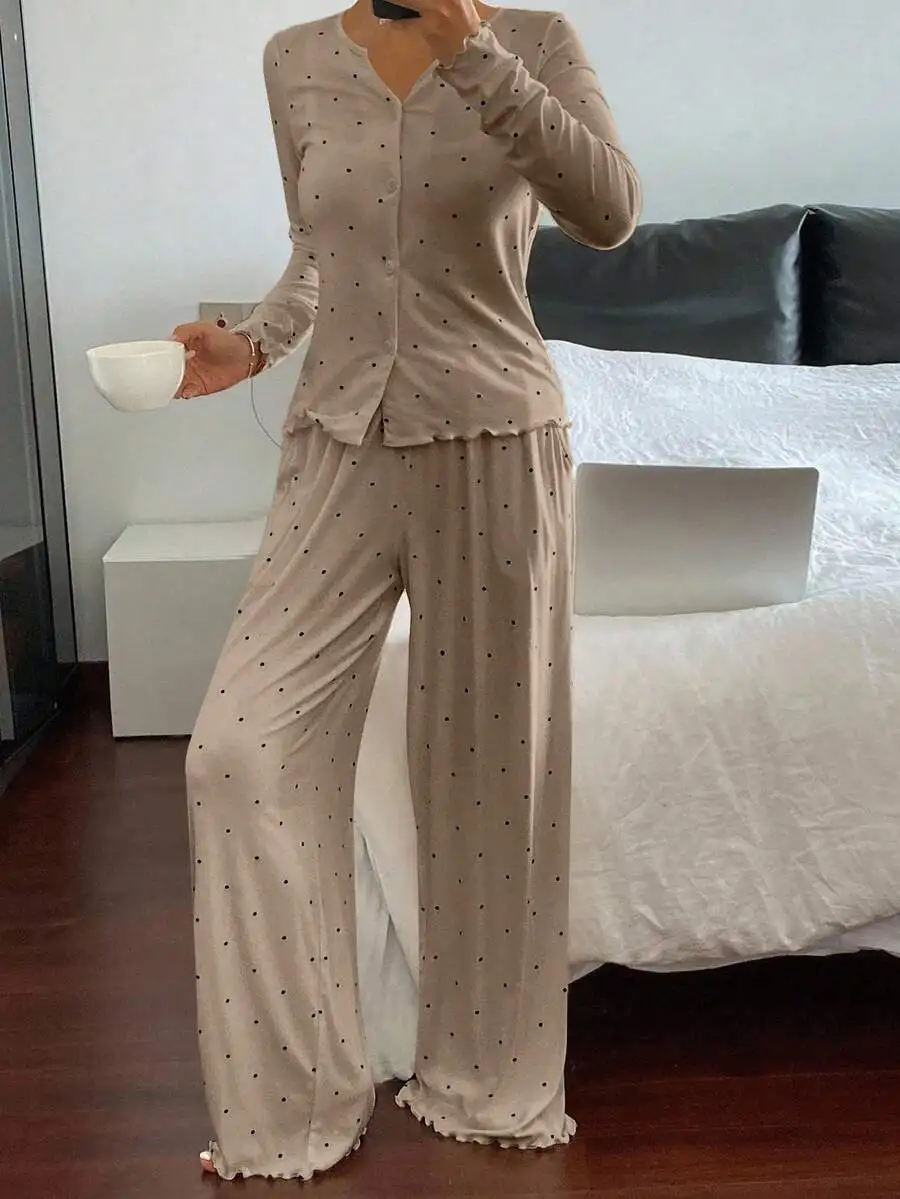 

Women Polka Dot Long Sleeve Button Up Pajama Set Fall Winter Sleepwear