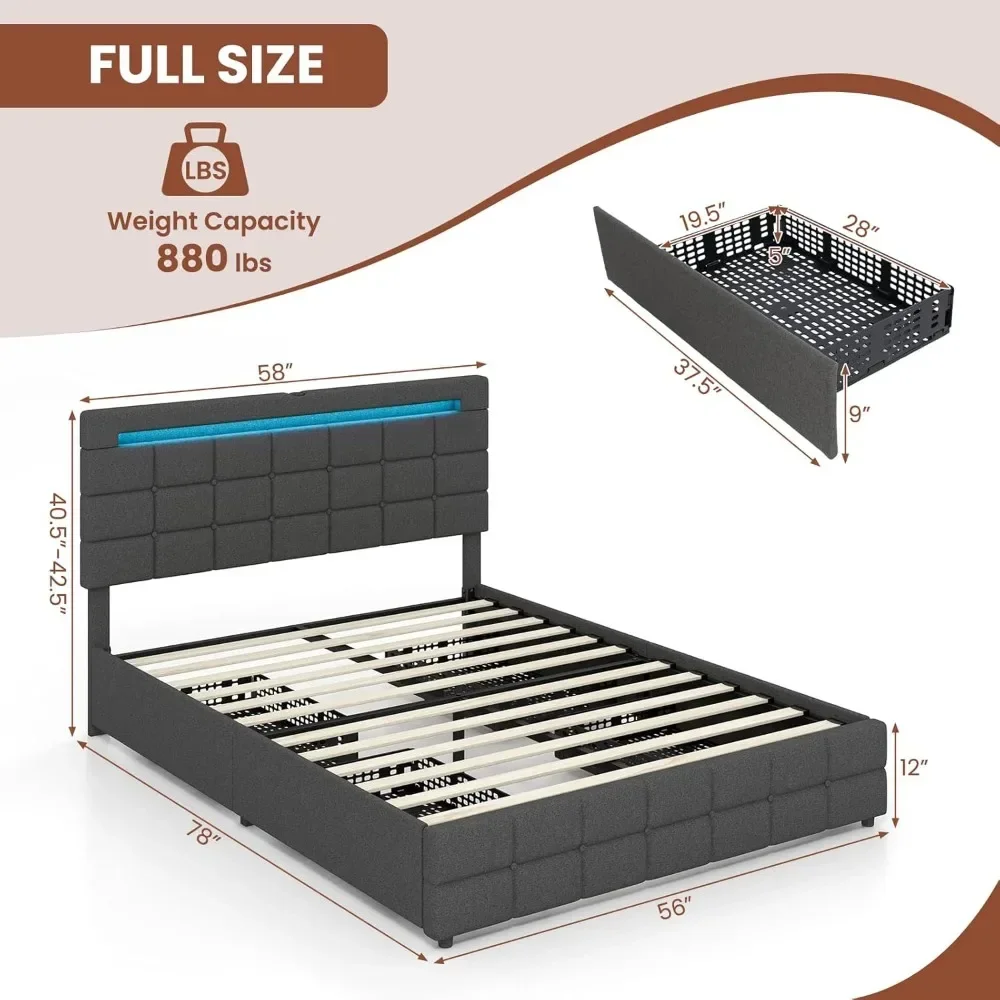 Full Bed Frame with LED Lights and 4 Drawers USB Ports Solid Wooden Slat Suppor  No Box Spring Needed LED Bed Frame