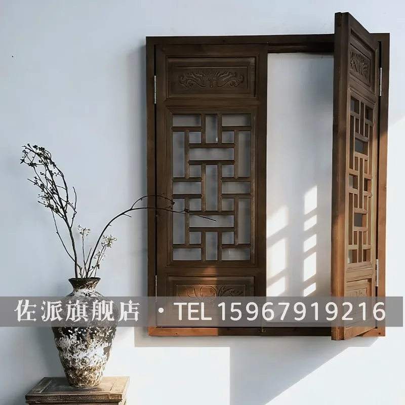 Dongyang wood carving solid wood decorative fake window Chinese antique window wabi sandy wind retro custom Song's aesthetic hol