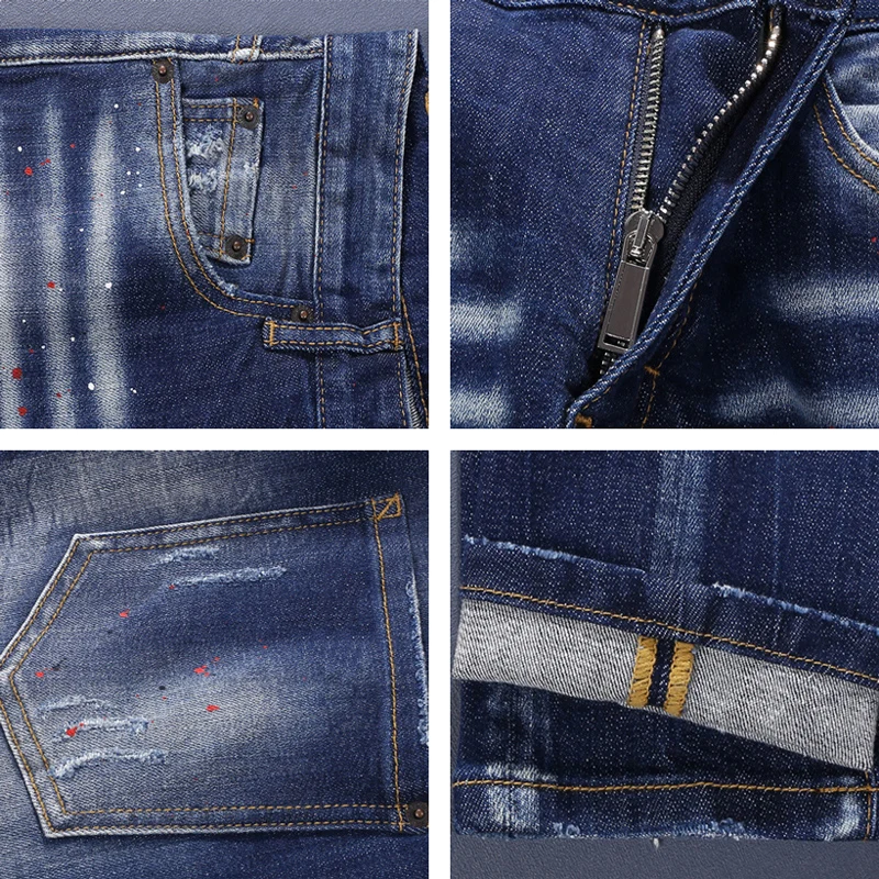 Street Designer Fashion Men Jeans High Quality Retro Blue Stretch Slim Fit Patched Ripped Jeans Men Brand Hip Hop Denim Pants