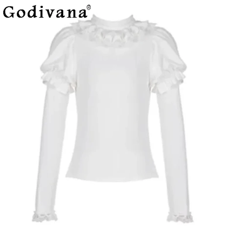 

Весенне-осенний милый кружевной высокоэластичный вязаный свитер в стиле Лолиты с пышными рукавами, модный универсальный возрастной топ с оборками для девочек