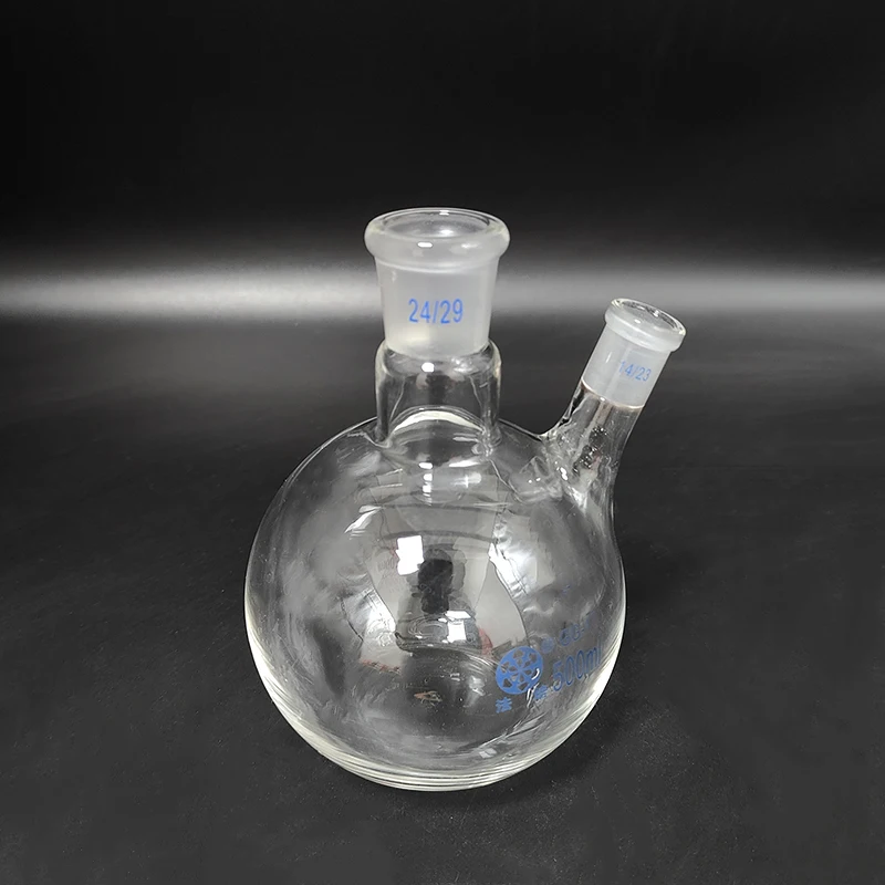 FAPE Two-necked flask oblique shape, With two necks standard ground mouth 500mL 24/29+14/23, Two-necked flat bottom flask