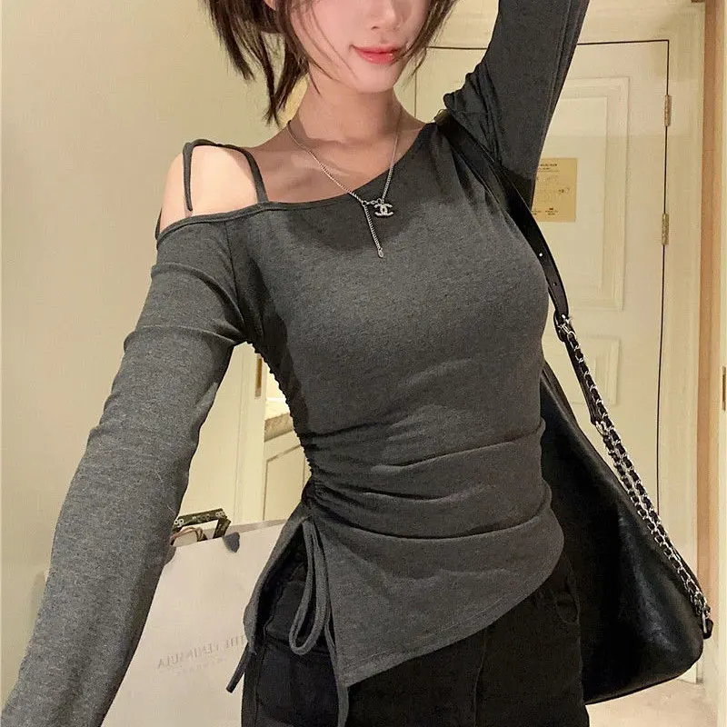 

Stylish Off Shoulder Drawstring T-shirts Spring Autumn Solid Color Women's Clothing Aura Skew Collar Bow Elegant Slim Pullovers
