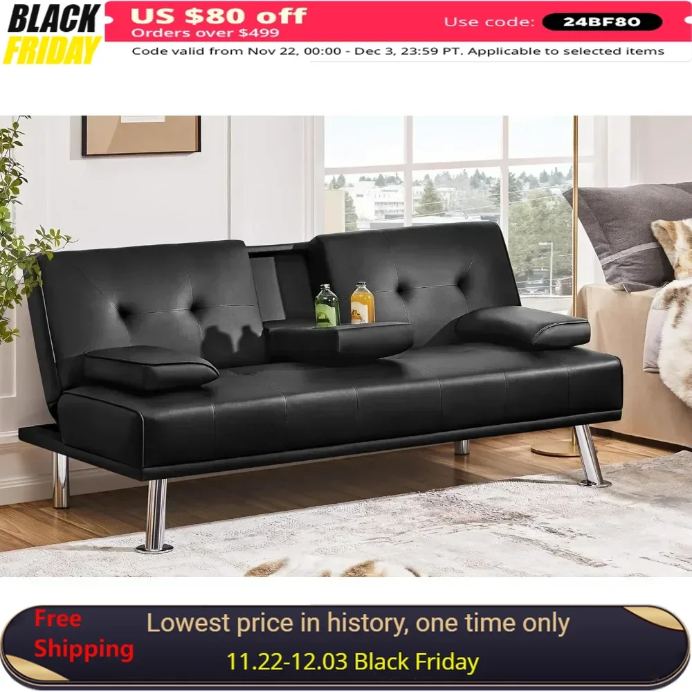 Modern Sofa Bed Faux Leather Sofa Convertible Folding Futon Couch with Armrest Home Recliner Home Furniture for Living Room