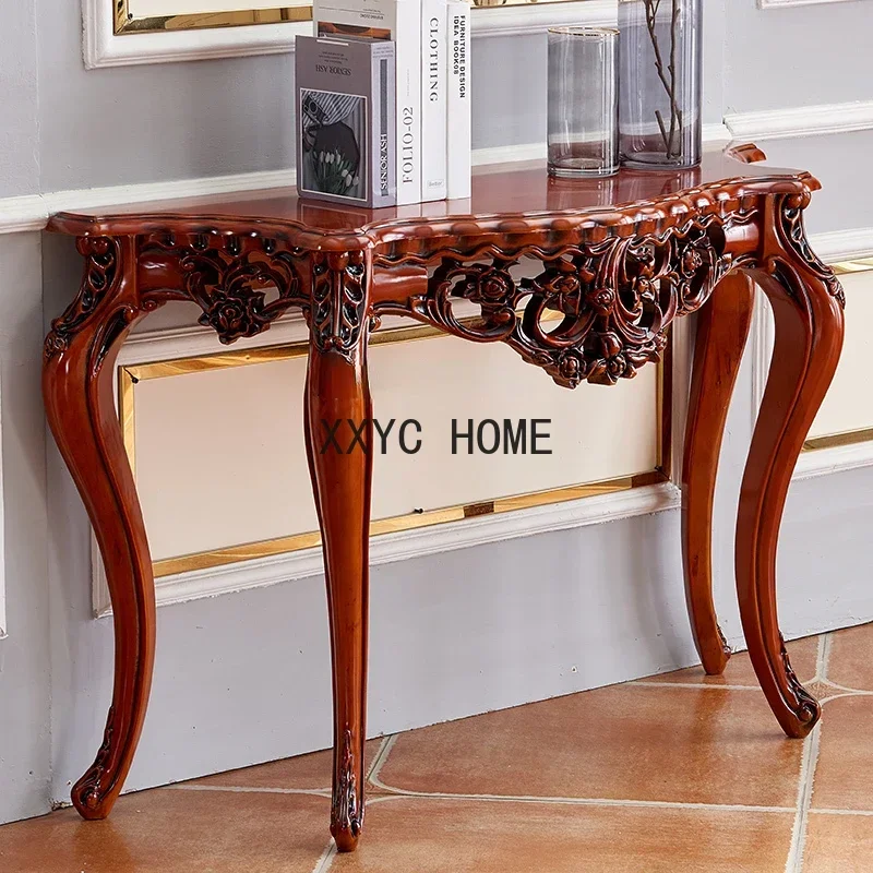 

yj European-Style Solid Wood Carved Console Tables American Console Semicircle Wall Lobby Entrance Cabinet