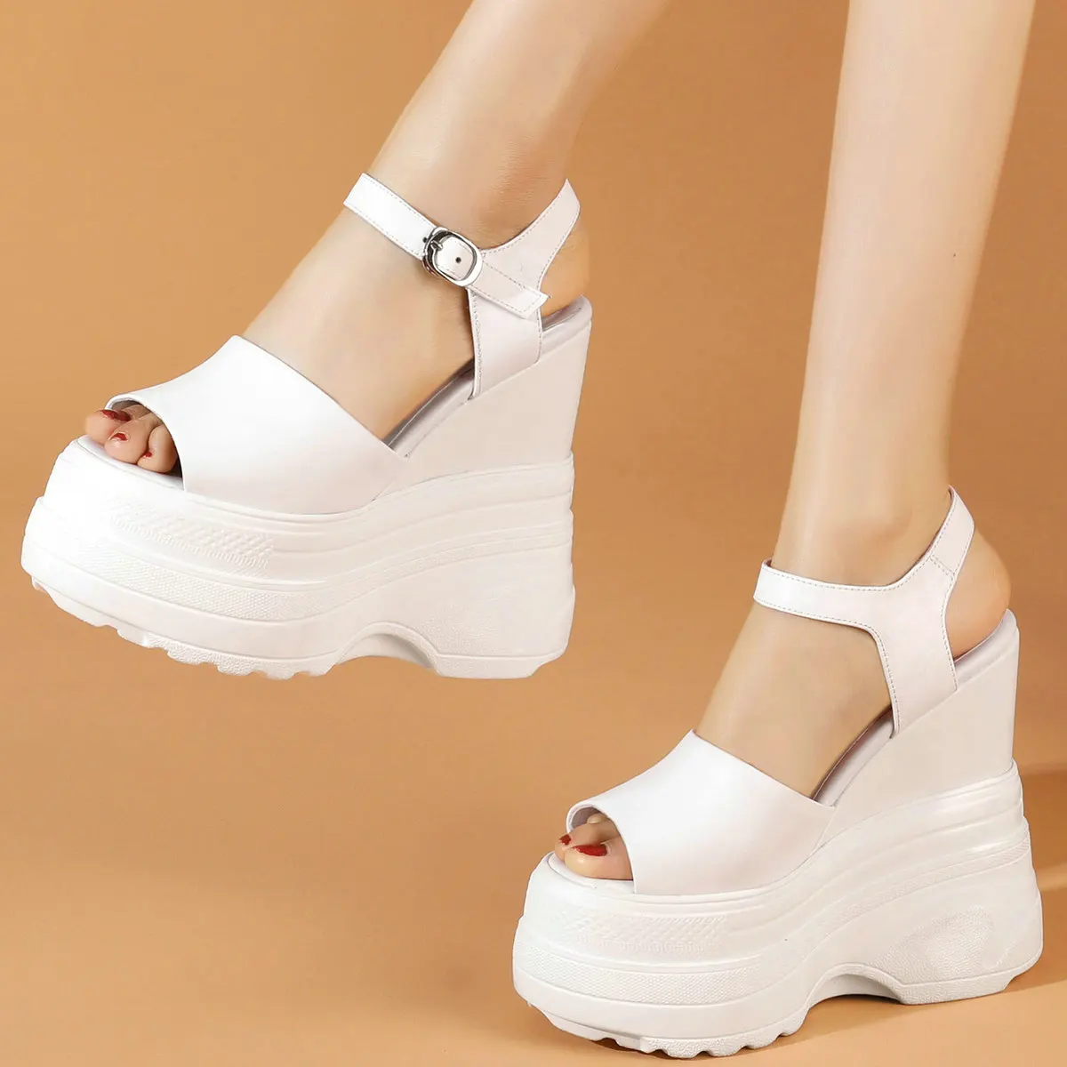 Platform Pumps Grote Maat Schoenen Vrouwen Koe Lederen Wiggen Hoge Hak Gladiator Sandalen Dames Open Teen Casual Schoenen Plus Size Schoenen