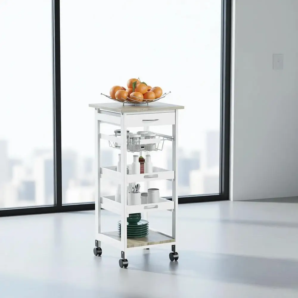 

Белый передвижной кухонный остров из массива дерева с тележкой, местом для хранения и проволочными корзинами