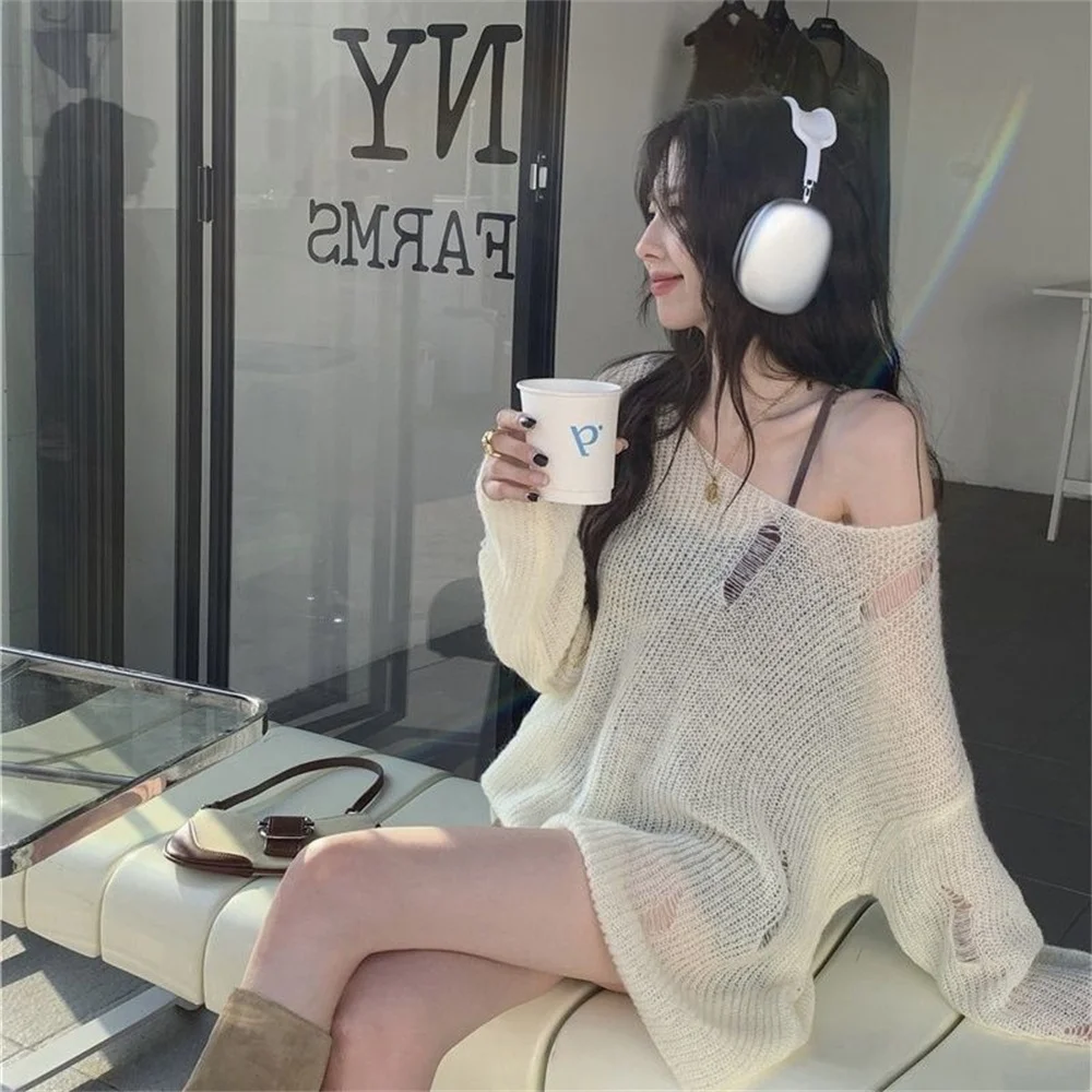 

Korean Style Hollow Out Women Pullover Korean Loose Casual Knitted Sweater Fashion Streetwear Off Shoulder Tops
