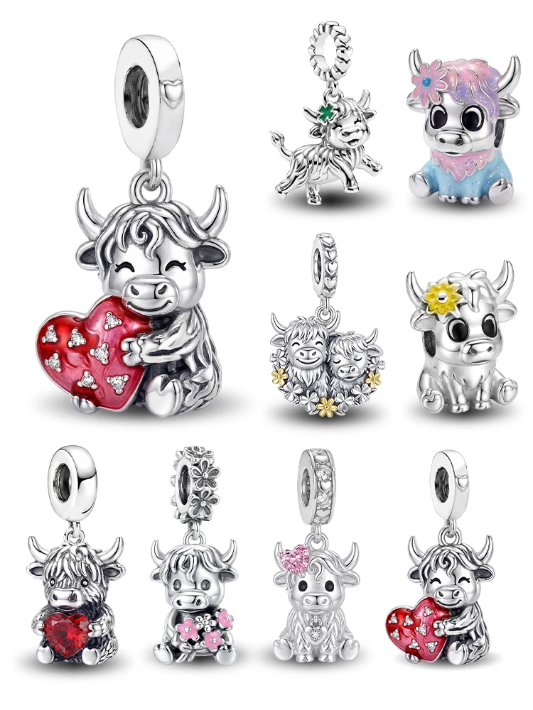 925 Sterling Silver Sweet Love Heart Highland Cattle Charms Beads DIY Made Into Bracelets High Quality Jewelry Gift For Womens