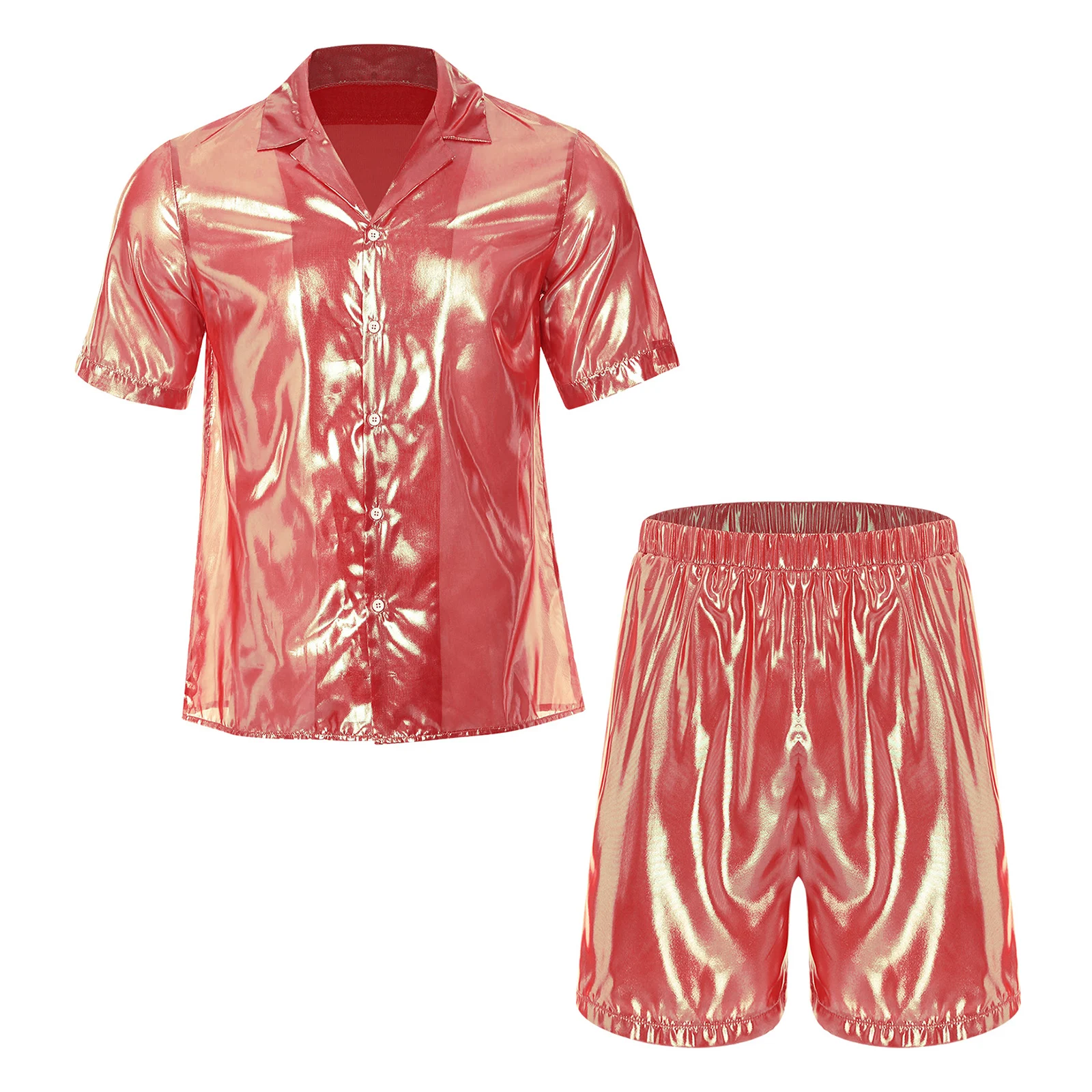 Men's Fashion Two Piece Shirt Sets Short Sleeve Shine Shirt Top And Loose Boxer Shorts for Casual Vacation Travel Beachwear