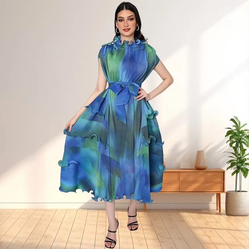 Nuevos vestidos de noche de lujo Miyake a la moda para mujer, vestidos largos elásticos plisados de talla grande para graduación, elegantes y hermosos, con cinturón