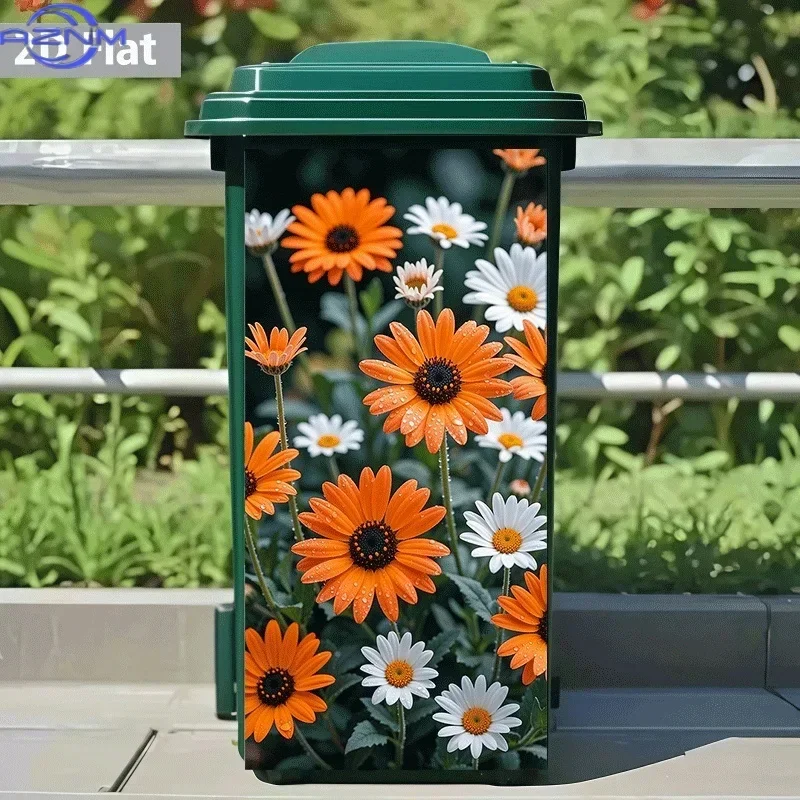2D 1PCof Trash Can Sticker with a Theme Design of Daisies Blooming After The Rain. Self-Adhesive Wall Decoration Wallpaper for