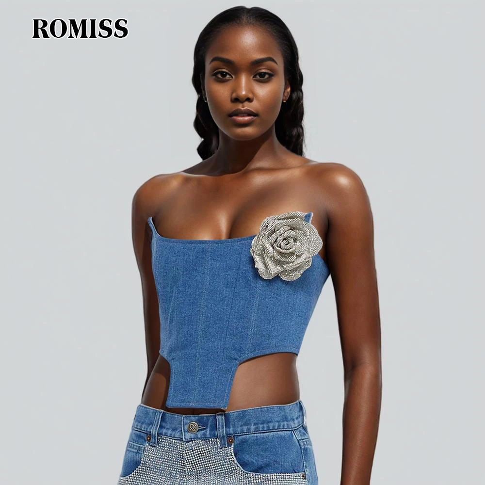 

ROMISS Slimming Patchwork Diamonds Flower Vests For Women Strapless Sleeveless Temeprament Sexy Vest Female Fashion New