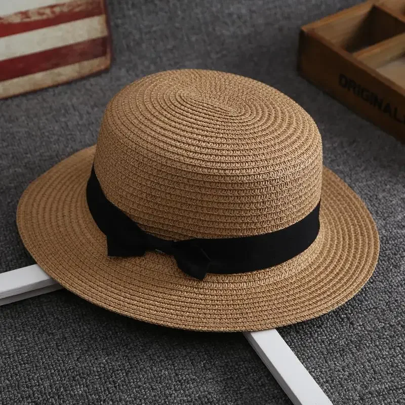 

Korean StyleSummerFlatTop Hat for Women-Vintage British Retro Straw Hat,BeachVacation shield Cap,Seaside Travel Accessory