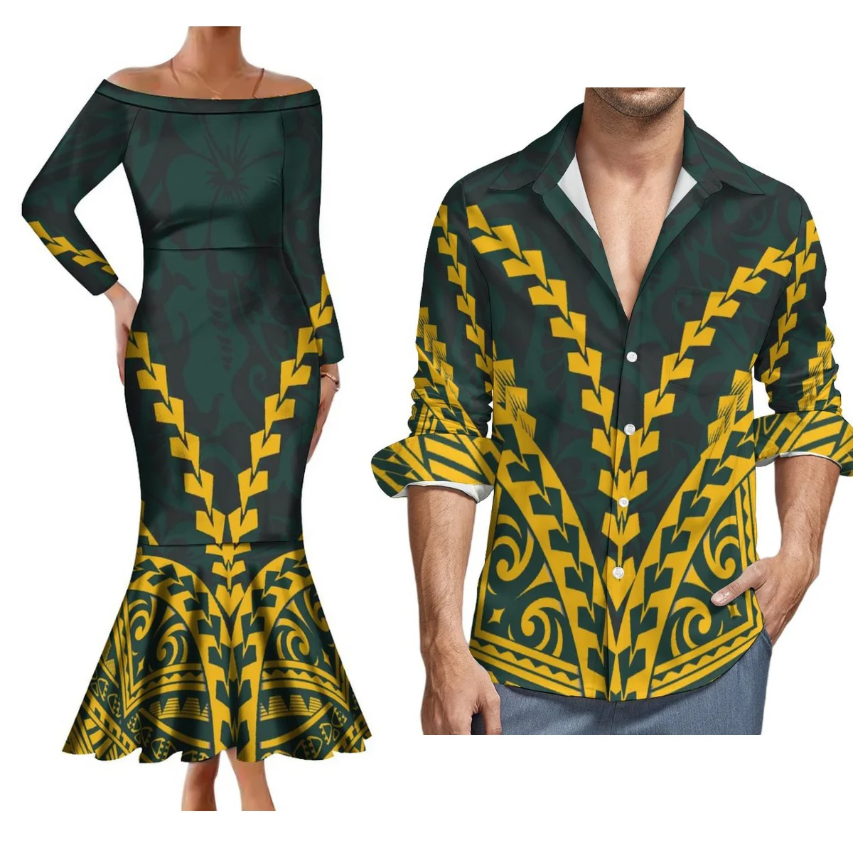 

2024 Custom Samoa Club Couple Suit Polynesian Women Midi Tight Fishtail Dress And Men'S Long-Sleeved Shirt Formal Occasion Dress