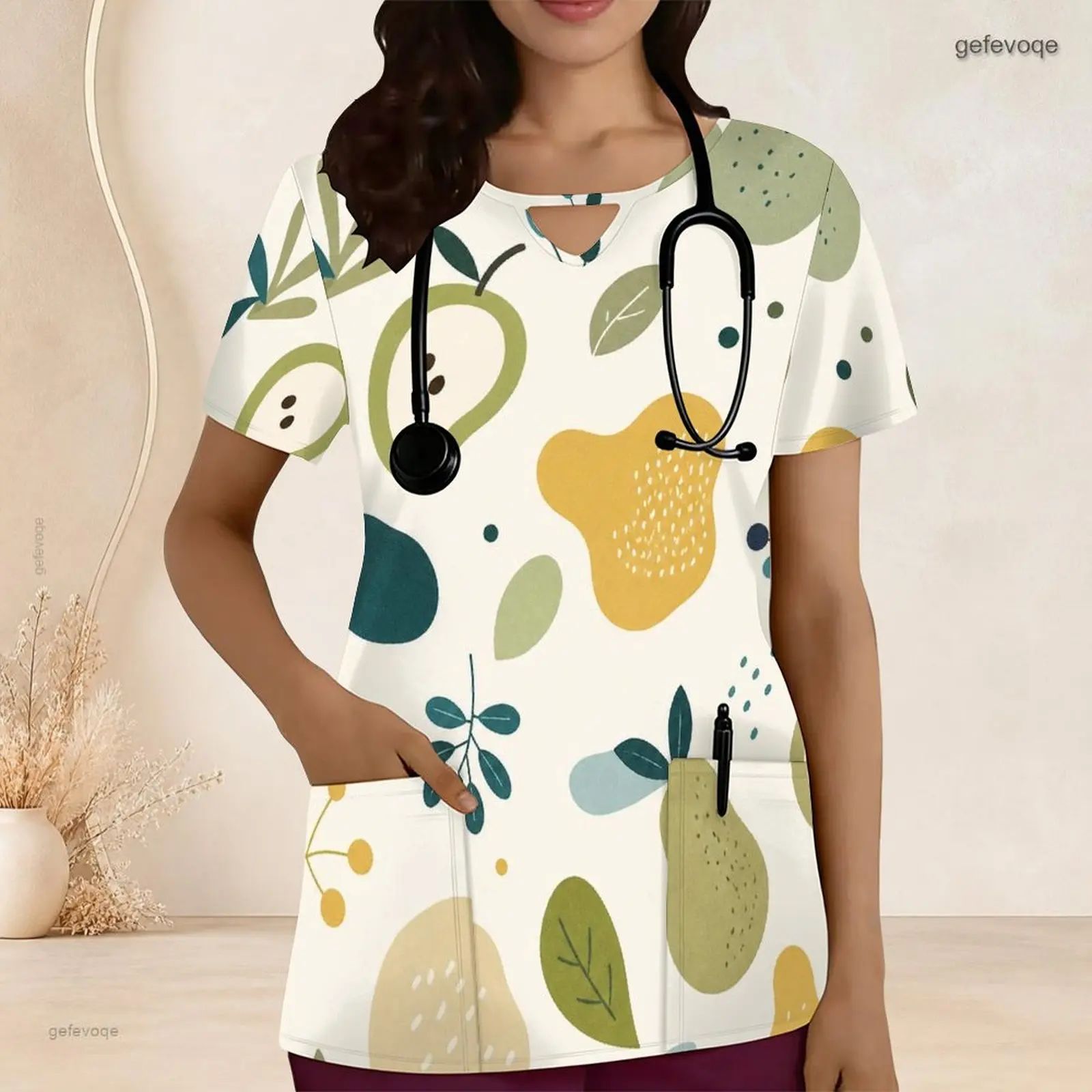 Keyhole Neck Short Sleeve Front Pockets Printed Scrub Top for Women