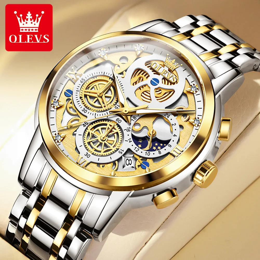 OLEVS New Fashion Skeleton Style Quartz Watch for Men Stainless Steel Multifunction 24 Hour Moon Phase Chronograph Watches Mens