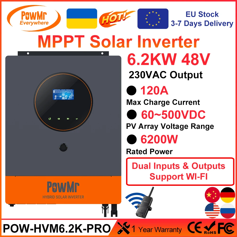 PowMr 6.2KW Hybrid Solar Inverter 48V to 230V MPPT 120A Dual Input And Output Max Solar Panel 500VDC Input for Lifepo4 Battery