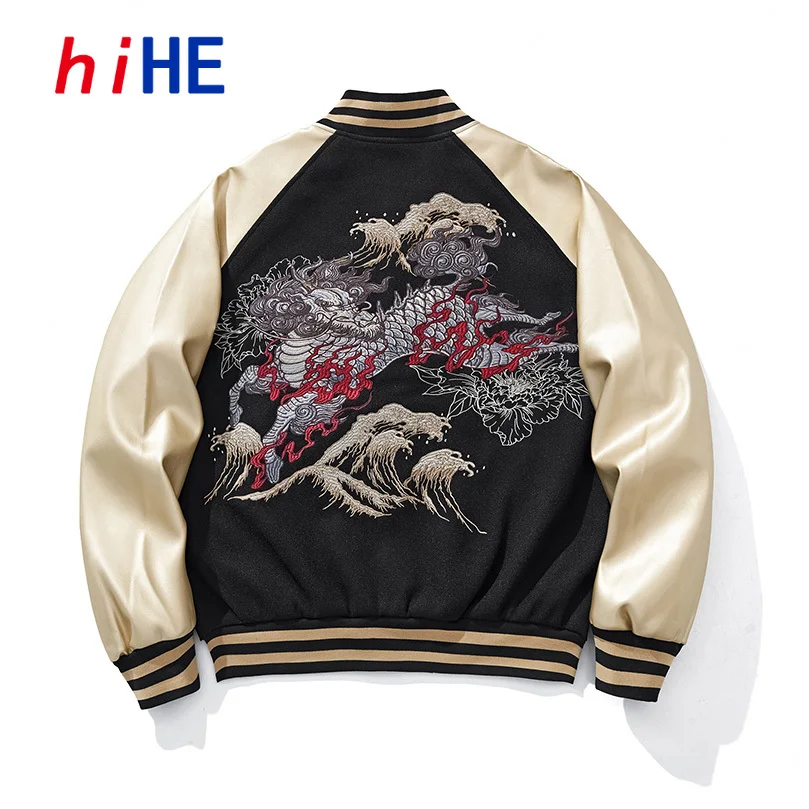 Baseball Jacket Men PU Sleeve Kylin Embroidery Sukajan Male Heavy Streetwear Luxury Spring Hiphop Clothing D027A1
