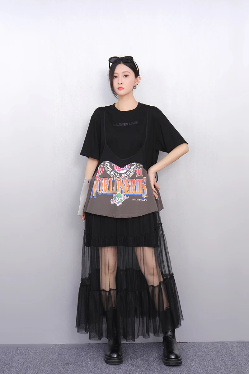 2025 여름 패션 우아한 느슨한 인쇄 메쉬 긴 드레스 여성 짧은 소매 티셔츠 드레스 숙녀 도매 J1120