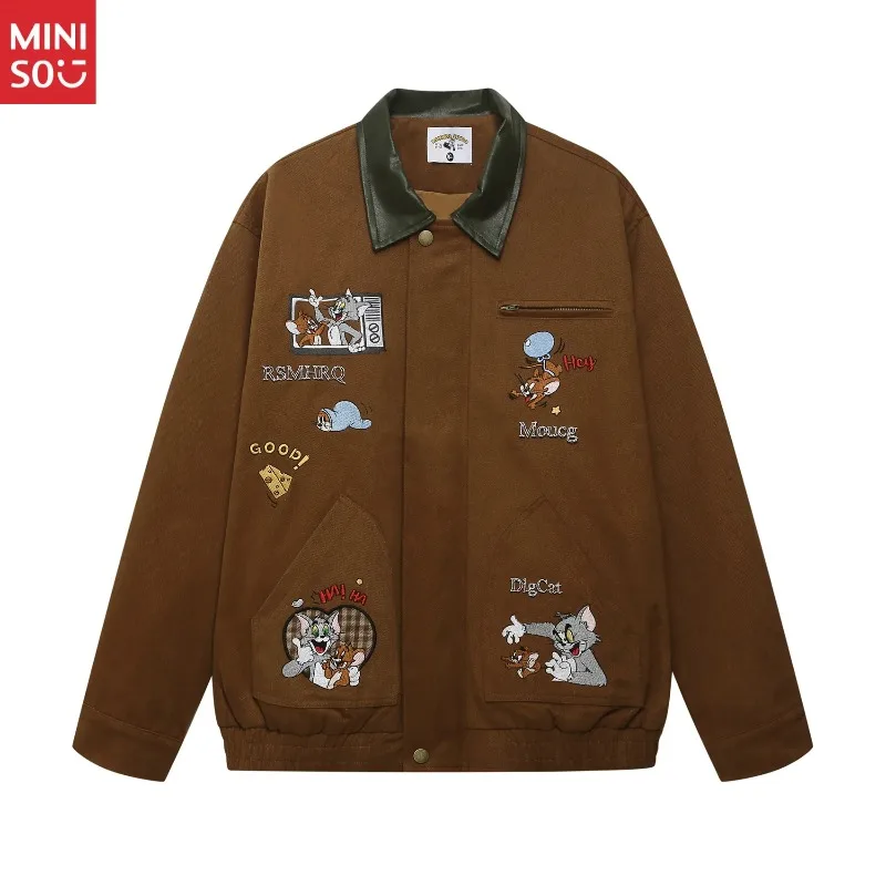 

Miniso цветная куртка с мультяшной вышивкой для мужчин и женщин, пальто с лацканами для пар, осень-зима, свободная модная верхняя одежда