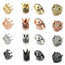 3Pcs Copper Inlaid Zircon Crystal Crown Leopard Helmet Skull Loose Spacer Beads for Jewelry Making DIY Charm Men Bracelet