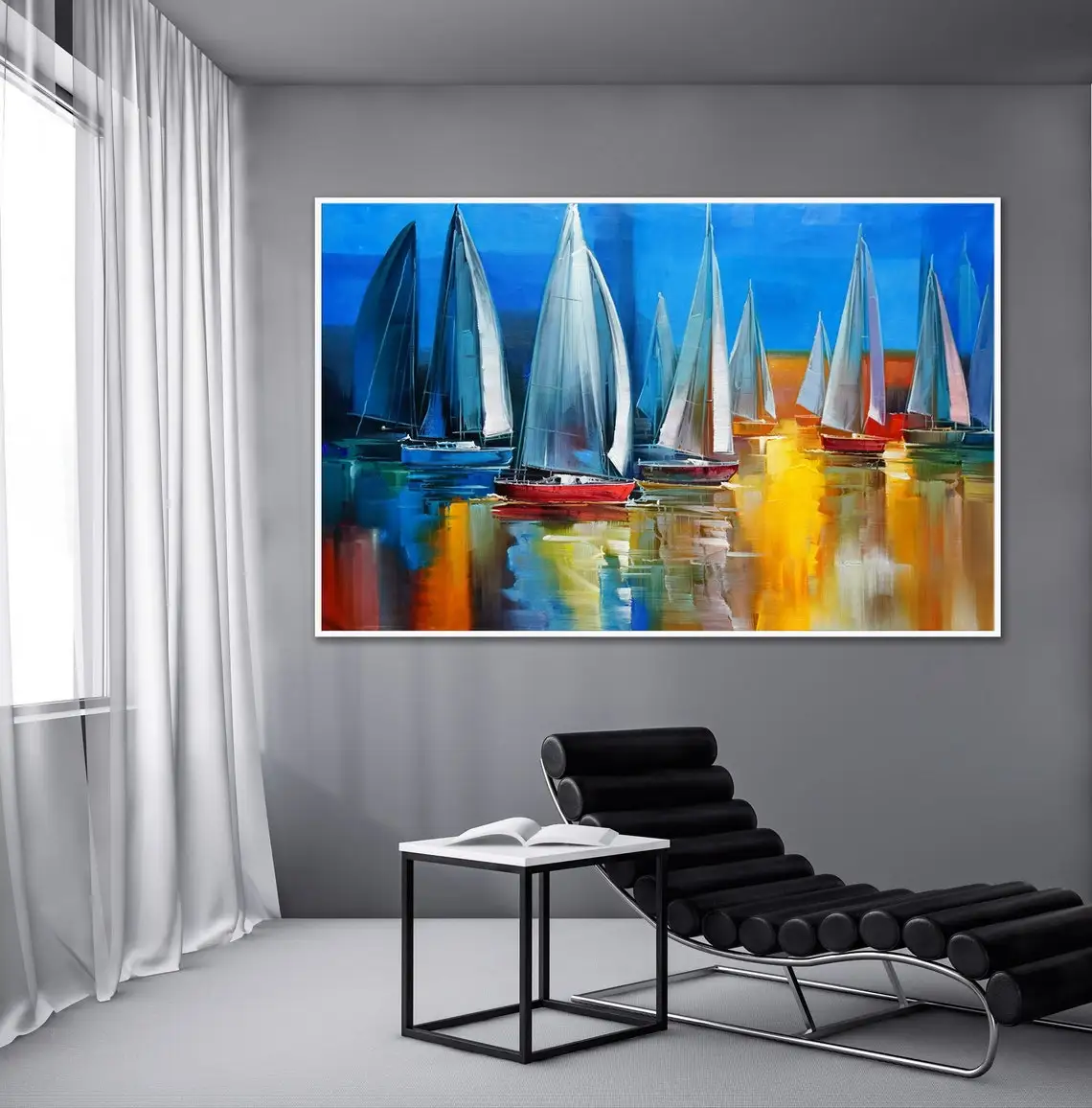 Abstract Sailboat Seascape Hand Painted Oil Painting Modern Wall Decor Large Handmade Paintings Artwork Living Room Bedroom Art