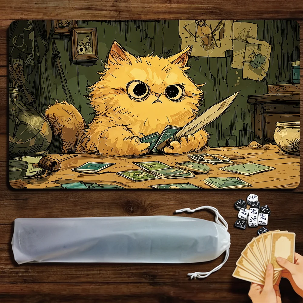 Orange Cat Warrior TCG Playmat Magic Playmat Gathering Gaming Mat with Stitched Edge Anti-slip base 60X35cm Trading Card Game
