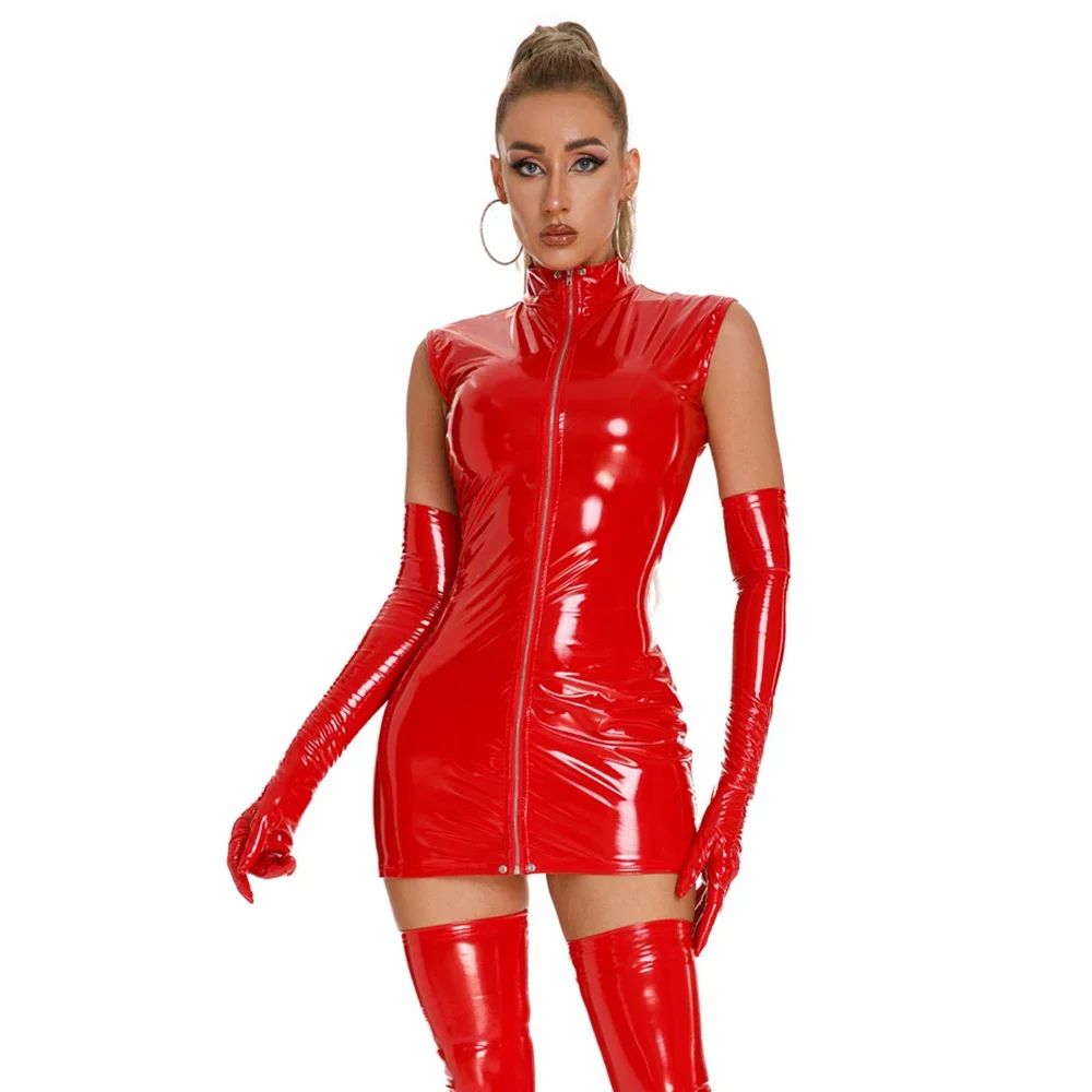 

Women Plus Size Sexy Shiny Leather Dress Sleeveless Zipper Catsuit Open Bag Hip Mini Skirt Breast Cosplay Skirt