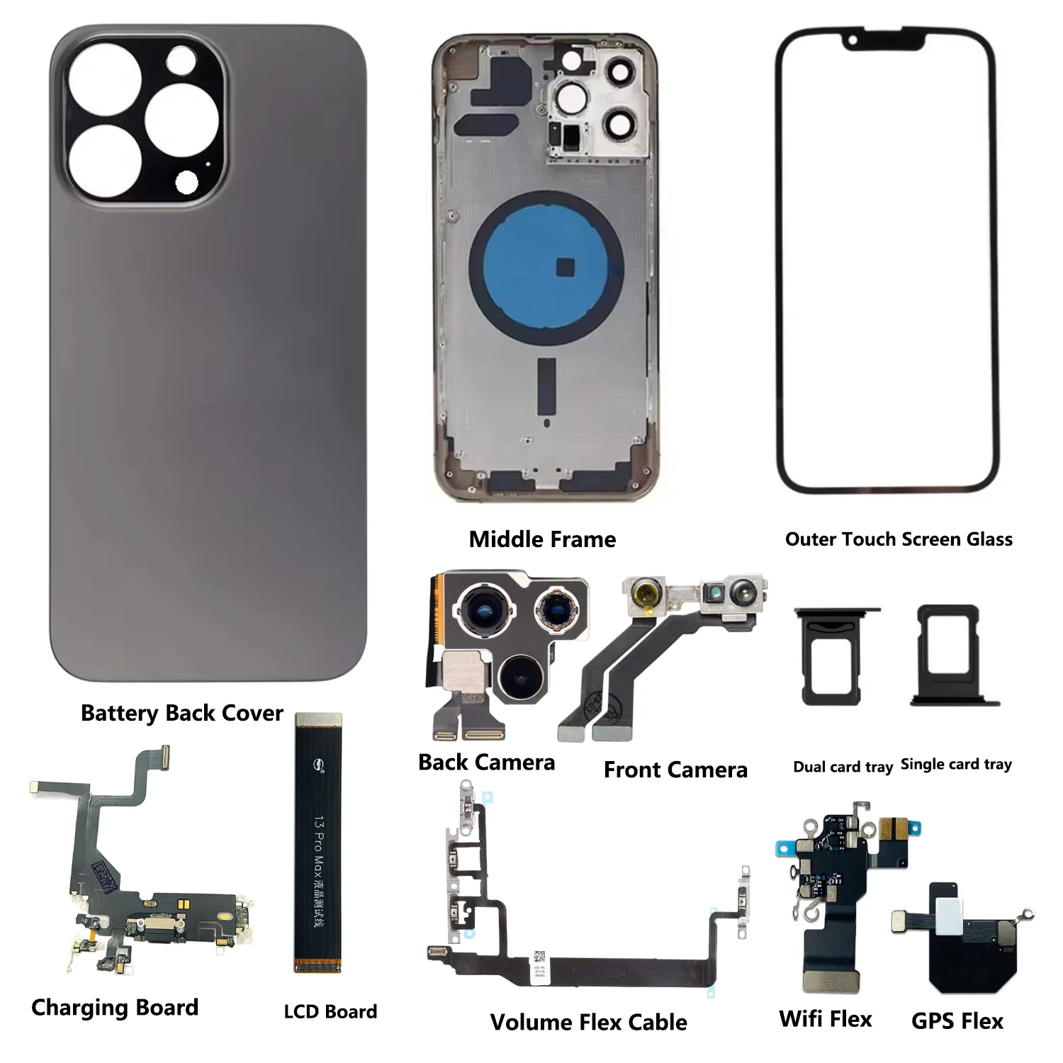 

For iPhone13 Pro Battery Back Cover, Middle Frame, Flex Cable , Front And Back Cameras, Card Tray And Other Replacement
