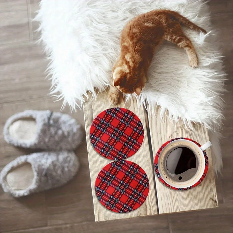 6-Piece Set  Vintage Red Checkered 2D Wooden Coasters Heat Insulation Slip Resistance for Coffee Shops Offices Home Decor Gifts
