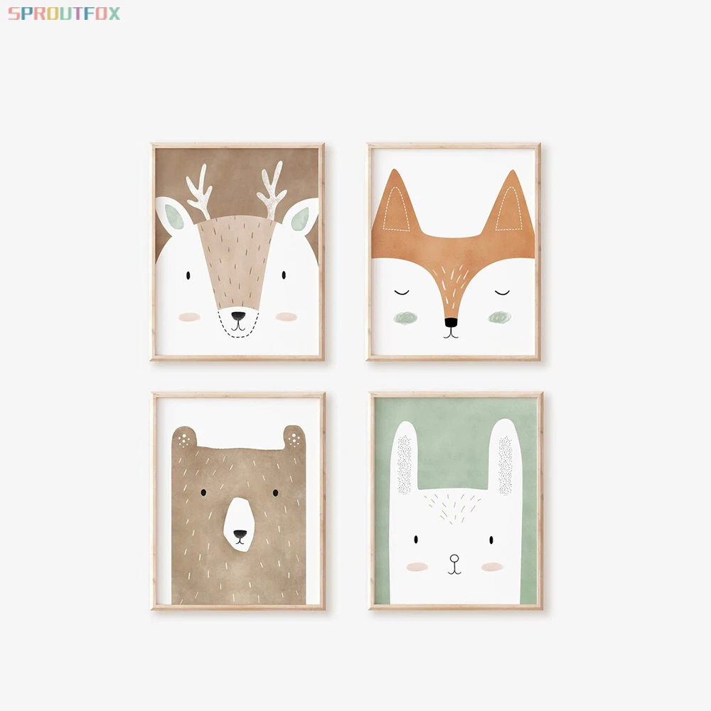 

Woodland Animal Bear Fox Deer Rabbit Canvas Painting Nursery Wall Art Poster Children Baby Room Decoration Home Decor Picture
