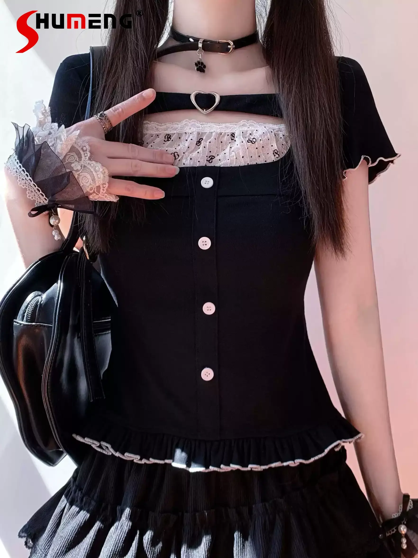 

Original Japanese Elegant Sweet Girl Lace Splicing Heart Buckle Square Neck Short Sleeve Slim Versatile Black T-shirt Top Women