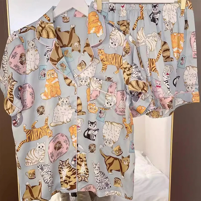 Cartoon Black Cat Cute Women Two-piece Pajamas Simulated Silk Summer Cool Short Lady Sleepwear 2024 New Classic Female Housewear