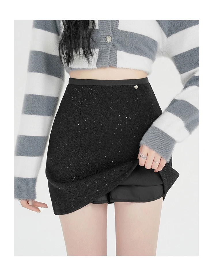 Womens High Waist A-Line Short Skirt Solid Color Woolen Sequin Wrap Hip Winter High Street Fashion Sexy Casual