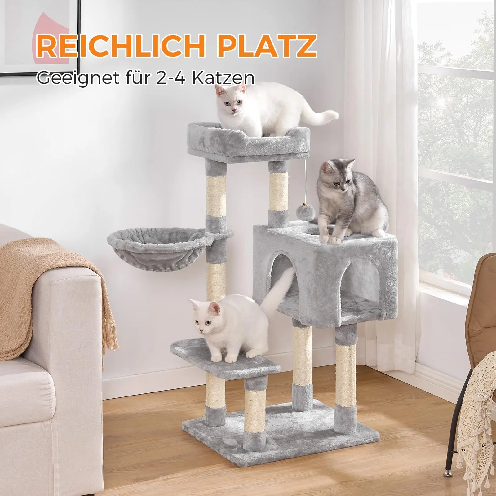 عمود خدش من خشب البلوط والشاي مقاس 100 سم مع 7 أعمدة بيت قطط وأرجوحة ثابتة مع حماية من البقشيش