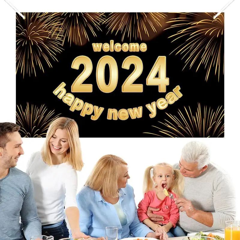 New Years Banner 2024 5X3Ft Black Golden Firework Photo Background Creative Photography Backdrop Vintage Festive Party Banner