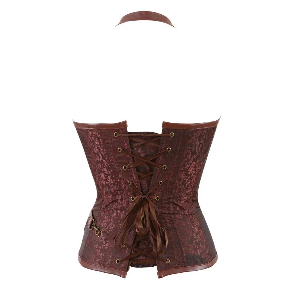 Womens Corset Steampunk Leather Bustier Pirate Halterneck Corsets Zip Corsage Sexy Chain Bustiers Dance Party Costumes Plus Size